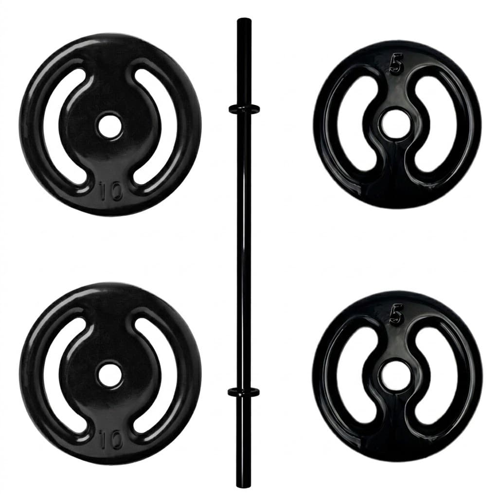 BARRA ACADEMIA COM 2 ANILHAS DE 10KG E 2 ANILHAS DE 5KG PESO MUSCULAÇÃO FITNESS TREINO CROSSFIT CASA GYM PRO