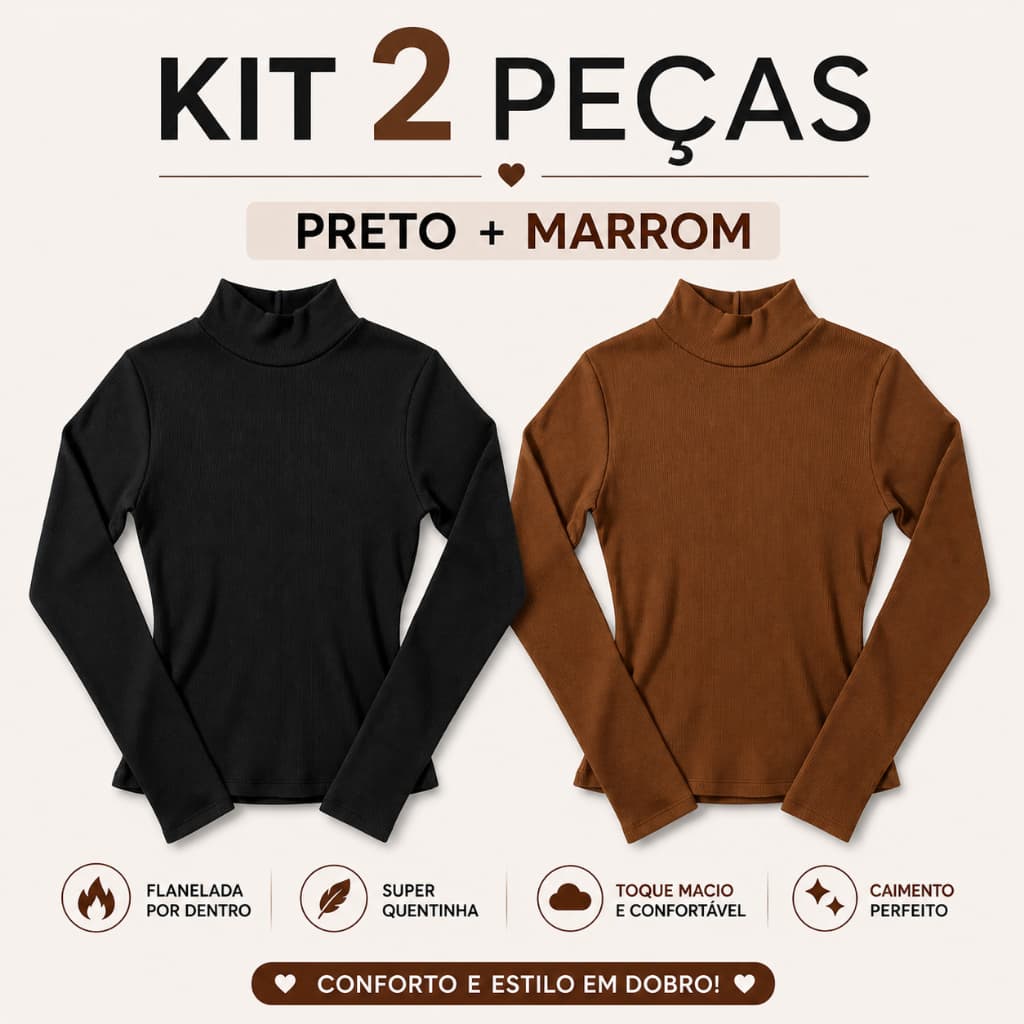 Kit 2 Blusa Térmica Feminina Canelada Peluciada Manga Longa Gola Alta Moda Inverno