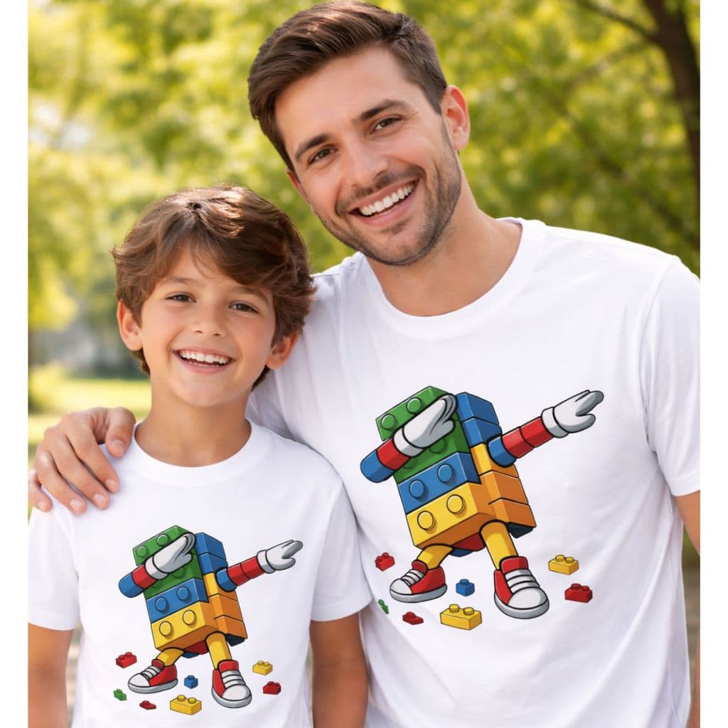 CAMISETA INFANTIL ADULTO PAI FILHO UNISEX LEGO MODERNA DESCOLADA EXCLUSIVA BLOCOS DIVERTIDOS CRIATIVA  VERSATIL