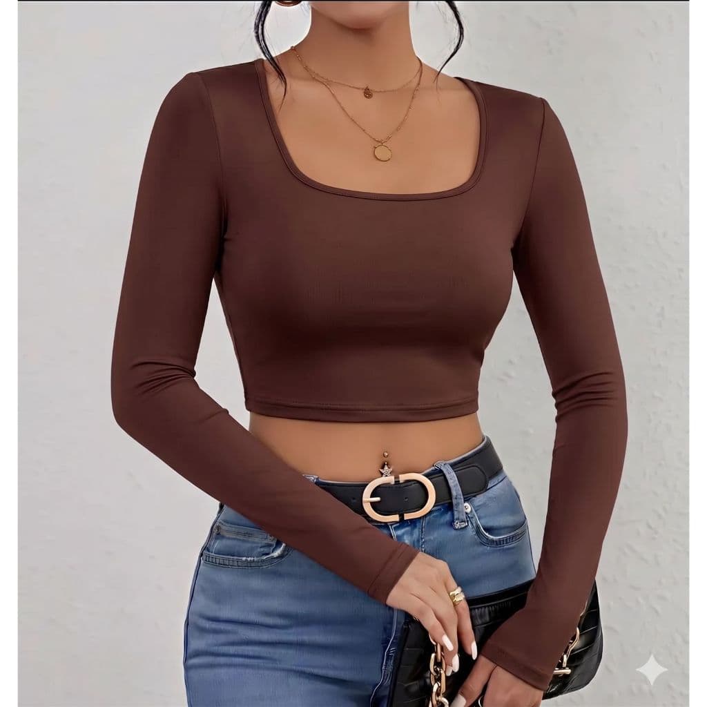Cropped Feminino Quadradinho com Manga Longa