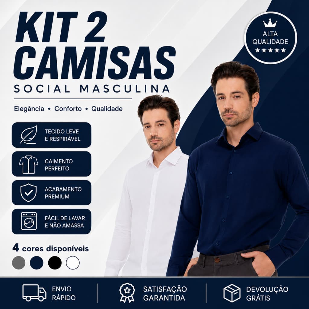 Kit 2 Camisa Social Masculina Manga Longa Slim Fit Elegante Casual Trabalho Premium Passa Fácil