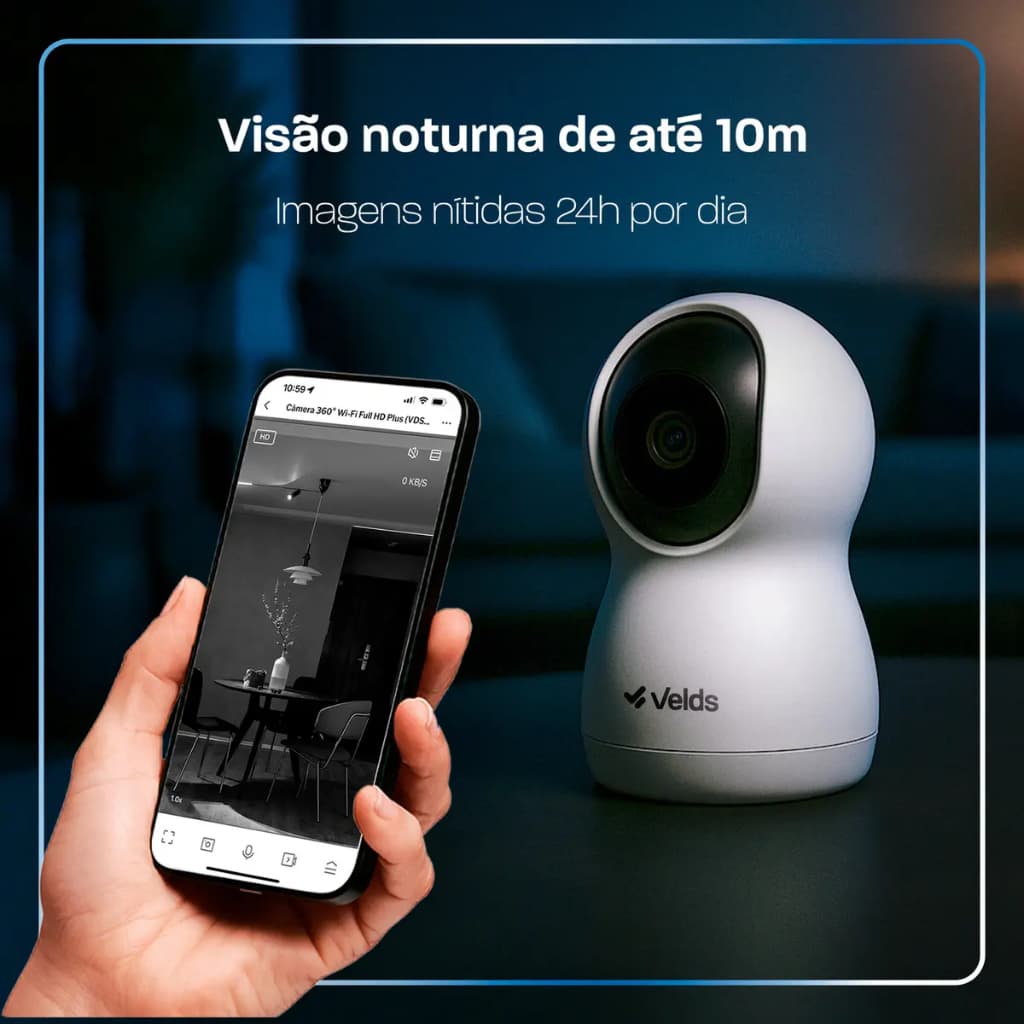 Câmera de Segurança Wifi 360 Velds, FullHD+ 2K c/ Visão Noturna e Rastreamento de Movimento, Branco