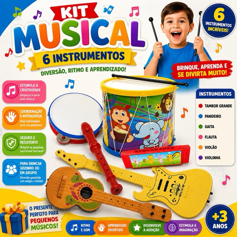 Kit Musical Brinquedo 6 Instrumentos Tambor Grande Violão pandeiro GaIta Flauta Infantil Violinha