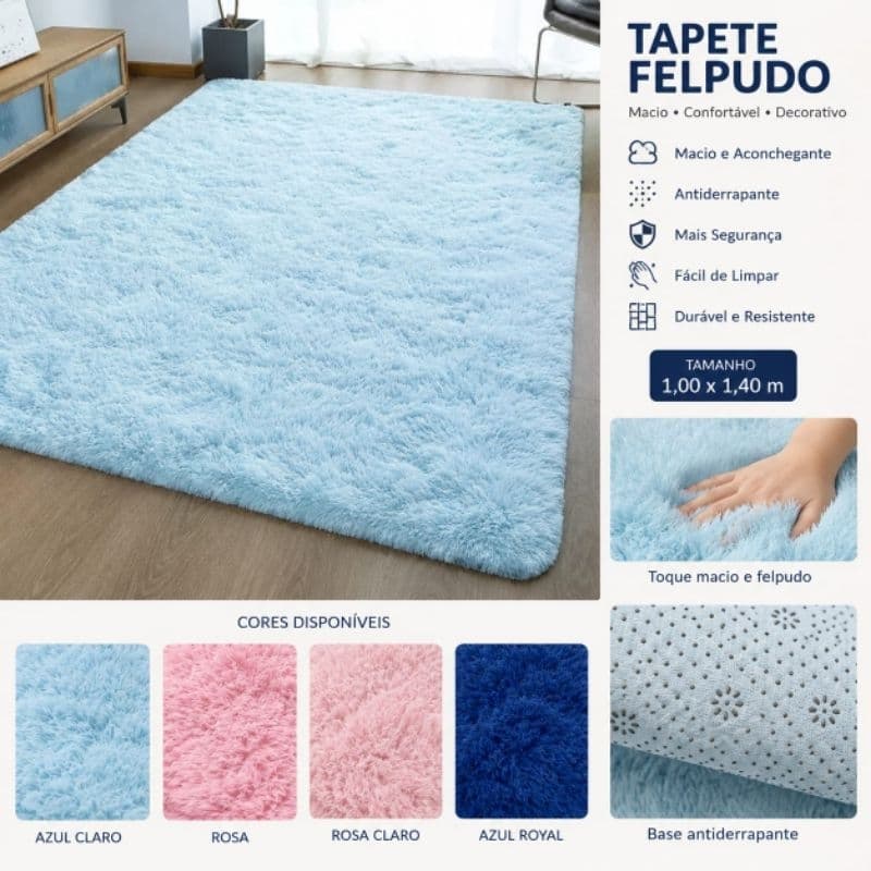 Tapete Peludo Felpudo Quarto Infantil Criança Bebê Antiderrapante Macio 1,00x1,40m
