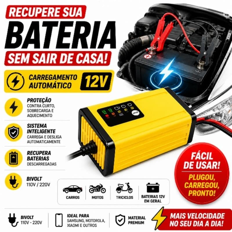carregador automático de bateria 12v, bivolt 110v/220v, proteção contra curto e sobrecarga, para carros, motos e tricicl