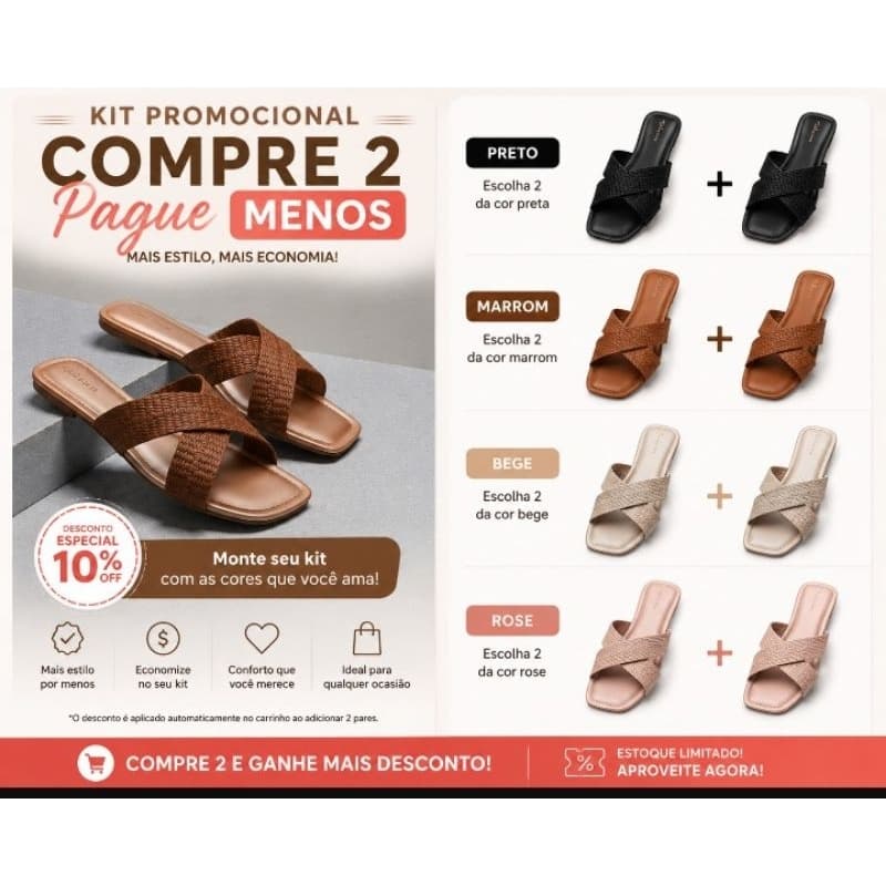 Sandália Feminina Rasteira -Kit Rasteirinha Salto Baixo Tiras em X Casual Resistente