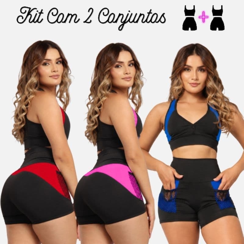 Kit Com 2 Conjunto Short e Top Moda Fitness Feminina Cintura Alta e Modeladora look Moderno Academia