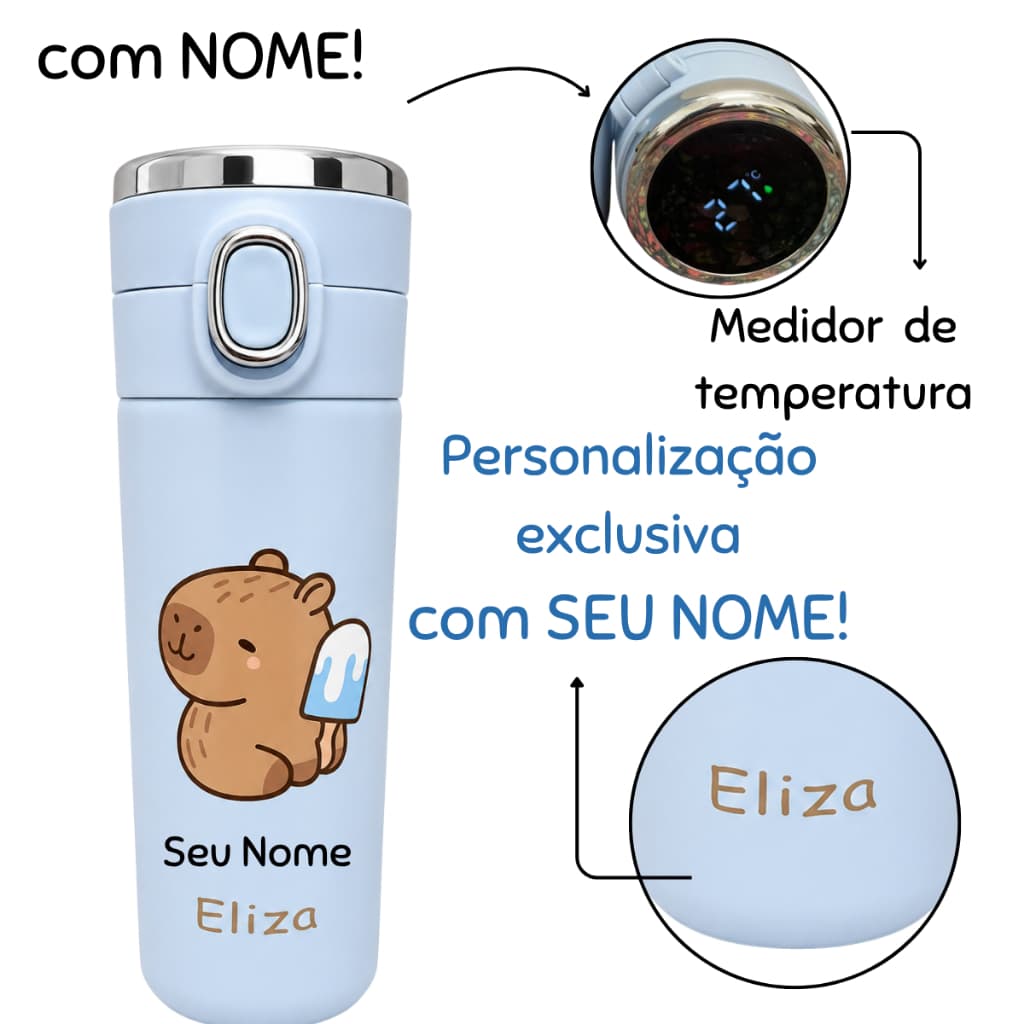 Garrafa Térmica Inox CAPIVARA Com seu NOME Termômetro Digita e Trava de Segurança Personalizada Adulto Infantil escolar