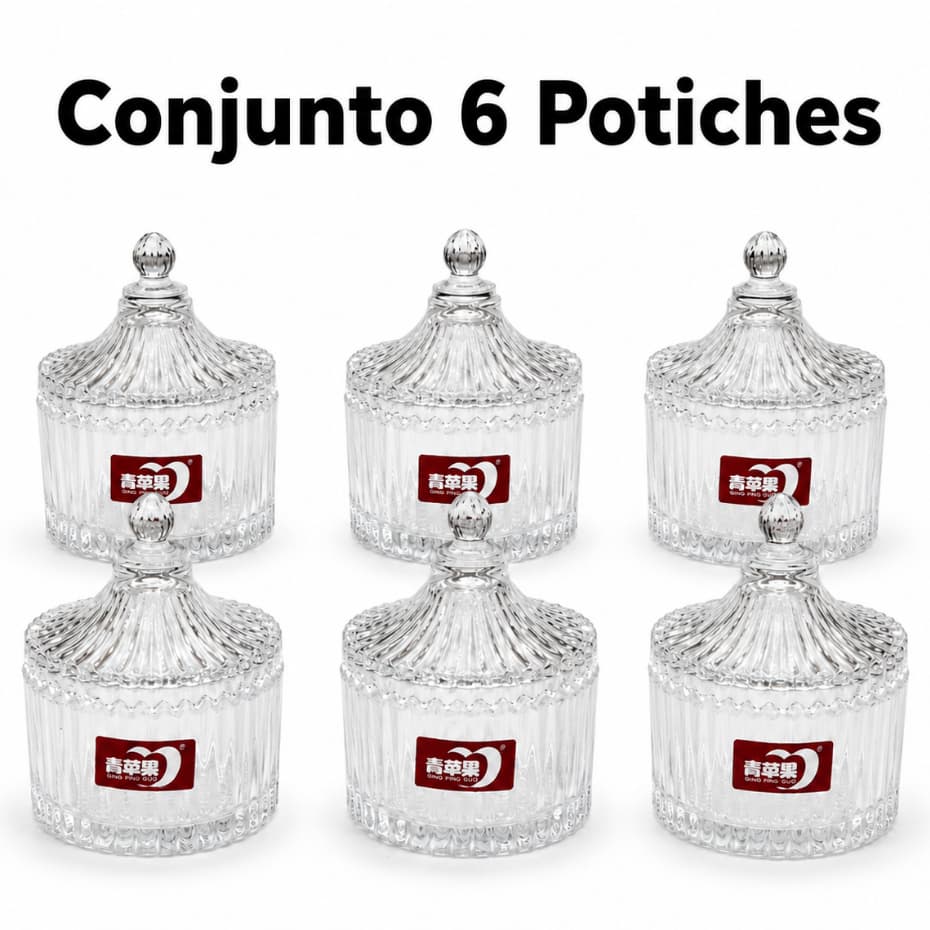 Conjunto 6 Potiches De Vidro Trabalhado Com Tampa Para Doces Bombons E Bolachas Luxo Envio Imediato