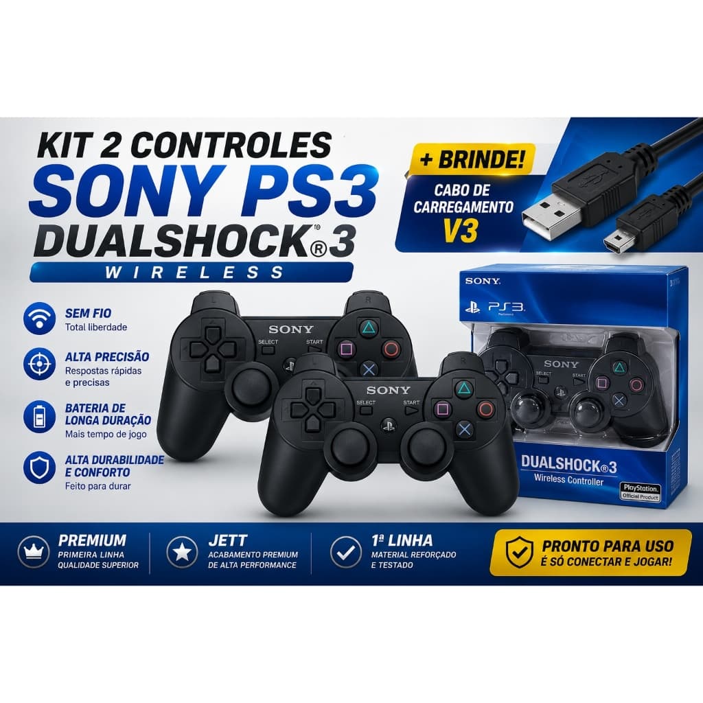 Kit 2 Controles PS3 DualShock 3 Wireless Preto Sem Fio + Cabo V3 Brinde Joystick