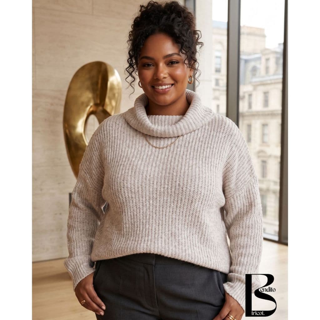 Blusa Mousse Feminina Tricot Gola Alta Dobrável Básica Manga Longa Tricô Moda Inverno
