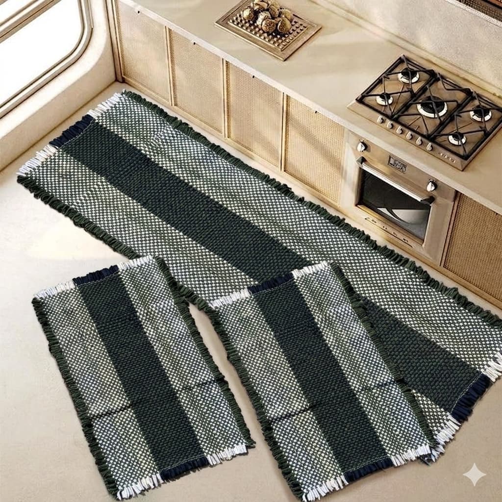 Kit Tapetes Cozinha Crochê Retalhos Trançados 3 Peças Para Banheiro