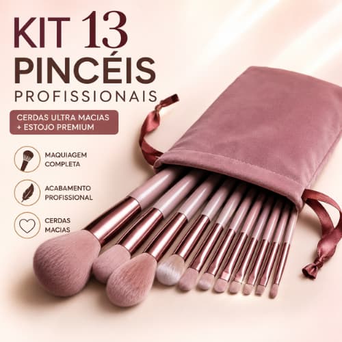 Kit 13 Pincéis De Maquiagem Profissional + Estojo Jogo Completo Cerdas Macias Para Base Pó Blush Sombra Iluminador Premi