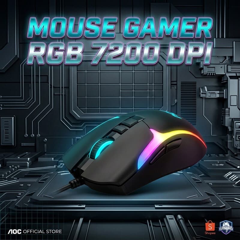 Mouse Gamer AOC GM190 Iluminação RGB 7200 DPI Sensor Alta Precisão e Plug and Play Conectar e Jogar