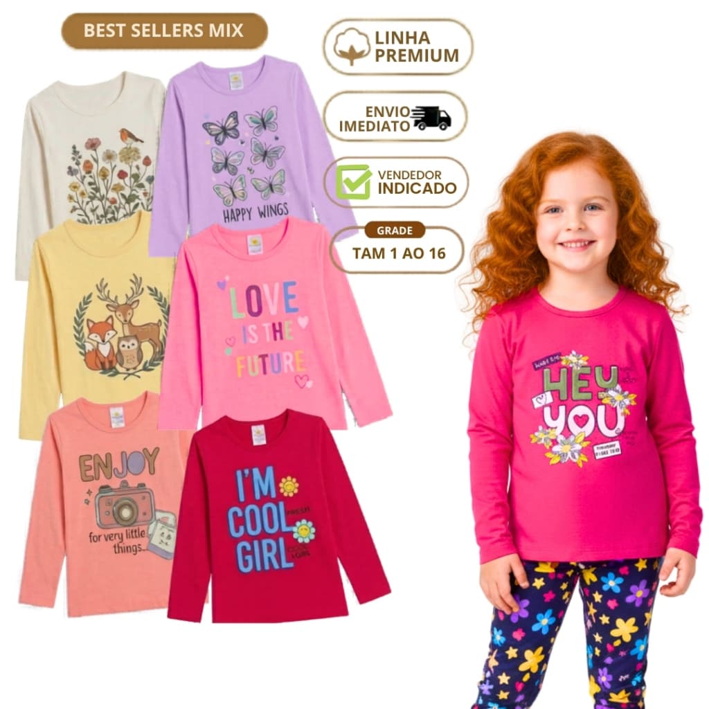 Kit 10 Blusa Manga Longa Menina Camiseta Meia Estação Infantil Feminina Camisa Criança Inverno 1 ao 16 anos Algodão