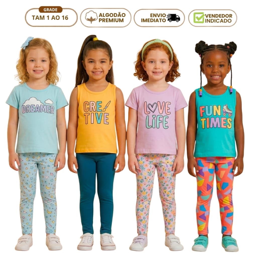 Kit 8 Peças Kit Roupas Infantis Menina Conjunto Infantil Feminino 4 Legging 4 Camiseta Verão Algodão