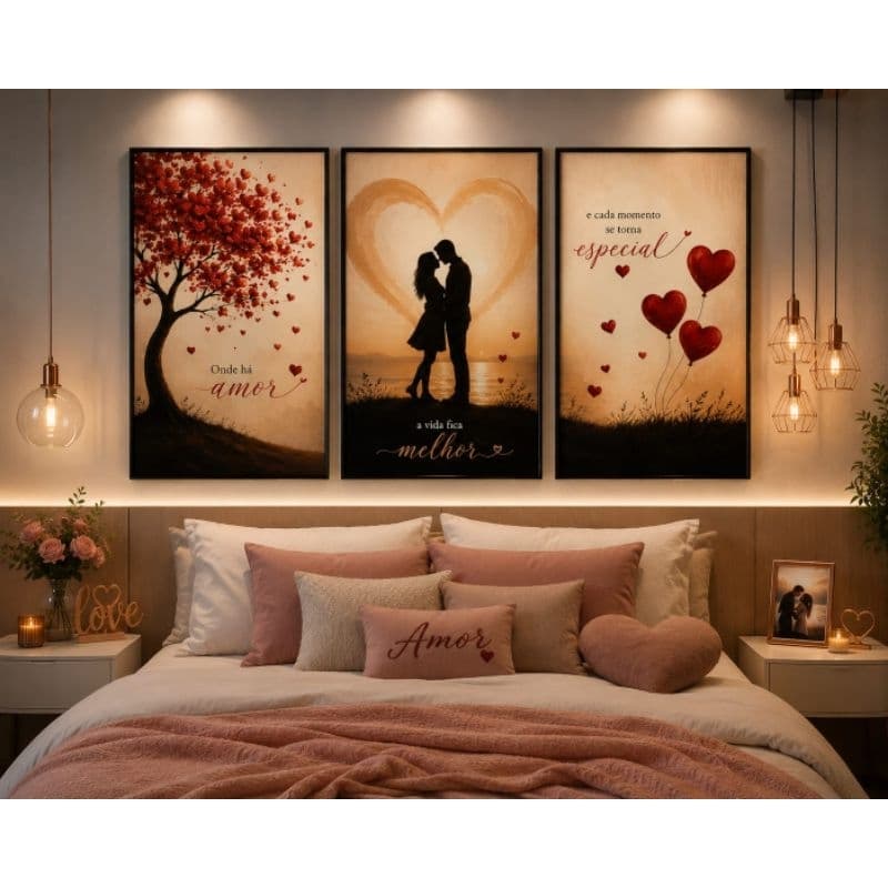 Kit quadro decorativo 3 peças casal apaixonado namorados