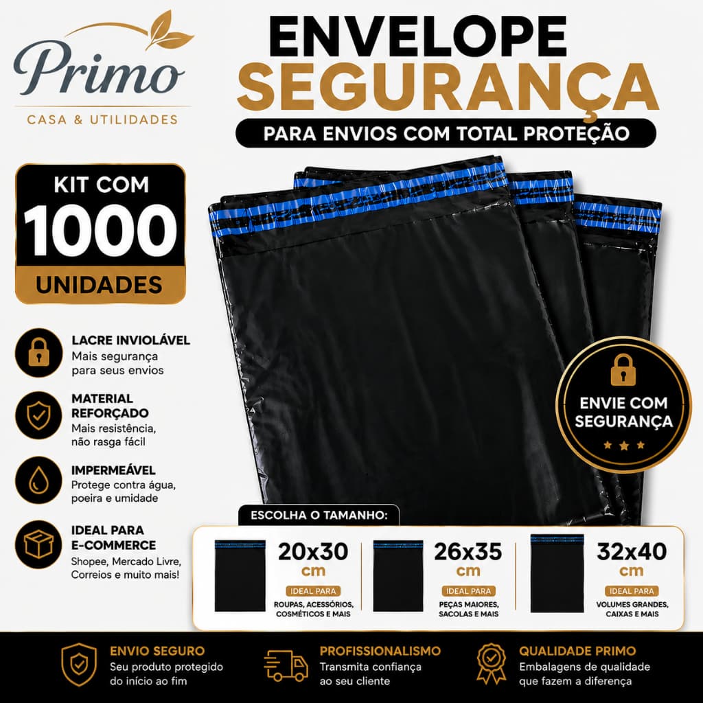 1000 Envelopes Segurança 20x30 26x35 32x40 Preto Reforçado Embalagem Para Envios Ecommerce