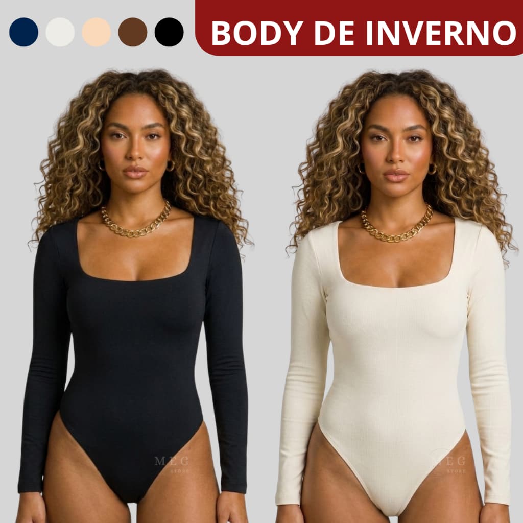 Body Manga Longa Feminino Decote Quadrado de Frio Casual  Elegante e Confortável Suplex Inverno Moda Feminina