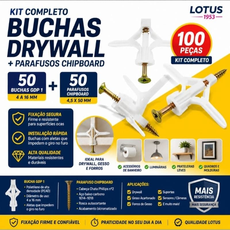 50 Peças De Bucha Para Gesso e Drywall C/ Parafuso 8mm (15-23MM) | 1953