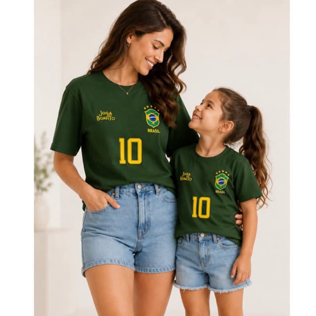 Kit 2 Camisetas Mãe e Filha Brasil Algodão 100% | Look Tal Mãe Tal Filha Copa | Conjunto Família  Adulta + Infantil