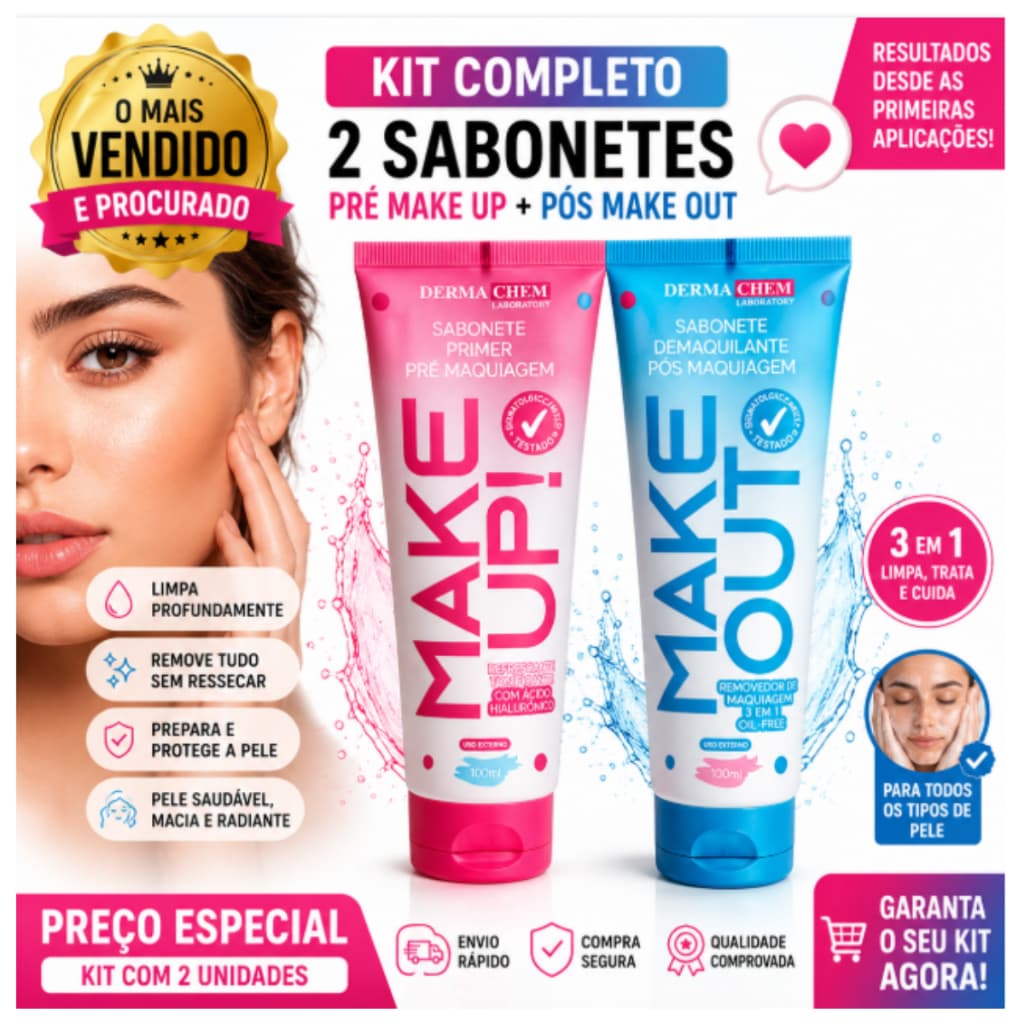 Kit 2 Sabonetes Dermachem Make Up + Make Out Pré e Pós Maquiagem Limpeza Facial Ácido Hialurônico