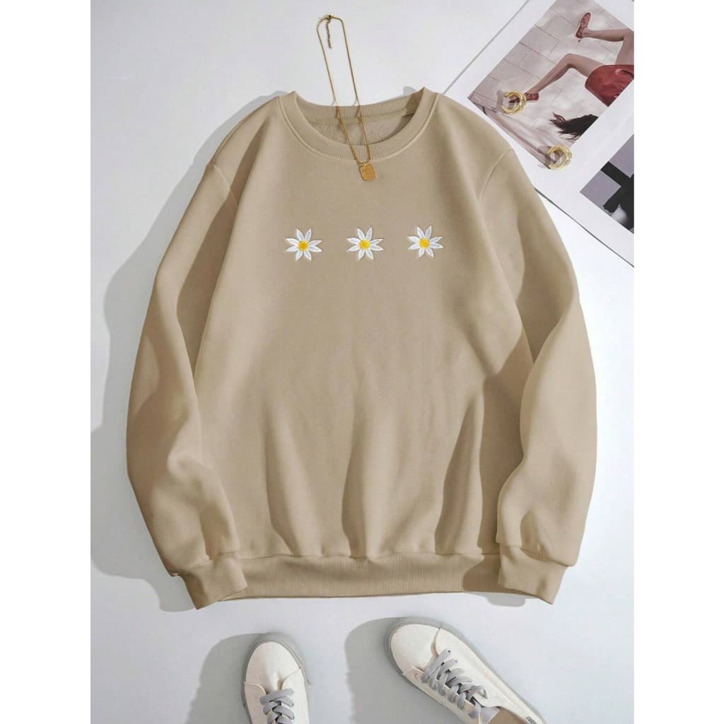 Blusa De Frio Florida Gola Careca Em Algodão Moletom Margarida Delicado Sem Capuz Feminino