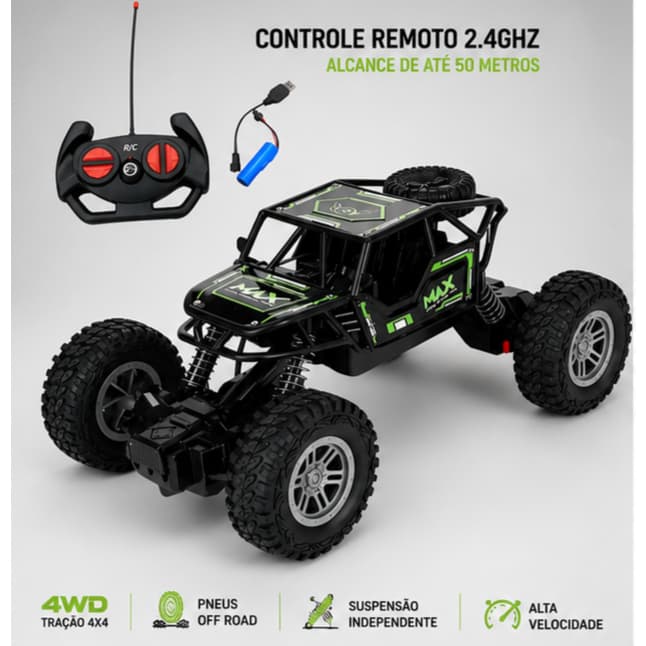 Carrinho de Controle Remoto 4x4 Recarregável USB Anda Na Terra Jeep Off Road Rock Crawler