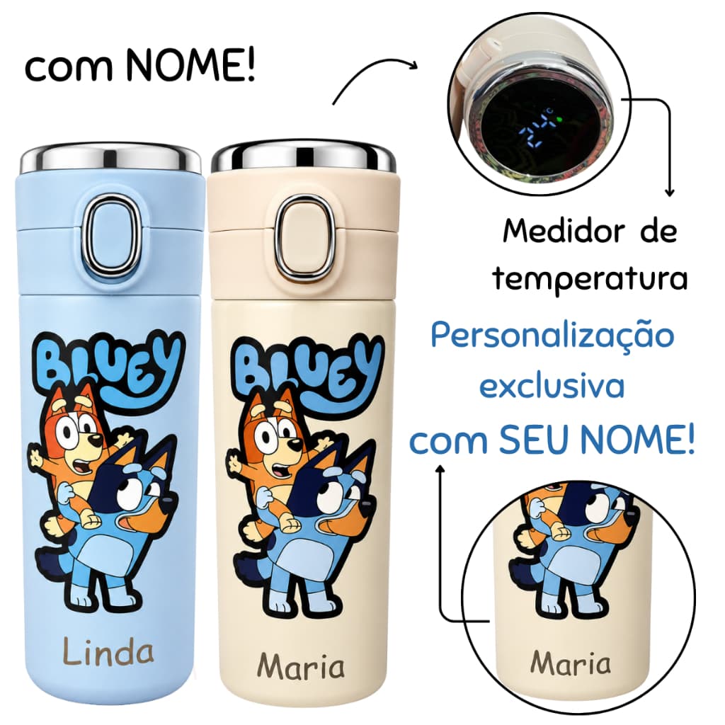 Garrafa Térmica Personalizada Com NOME Inox Bluey Bandit Chilli Heeler Termômetro Digita e Trava de Segurança Infantil