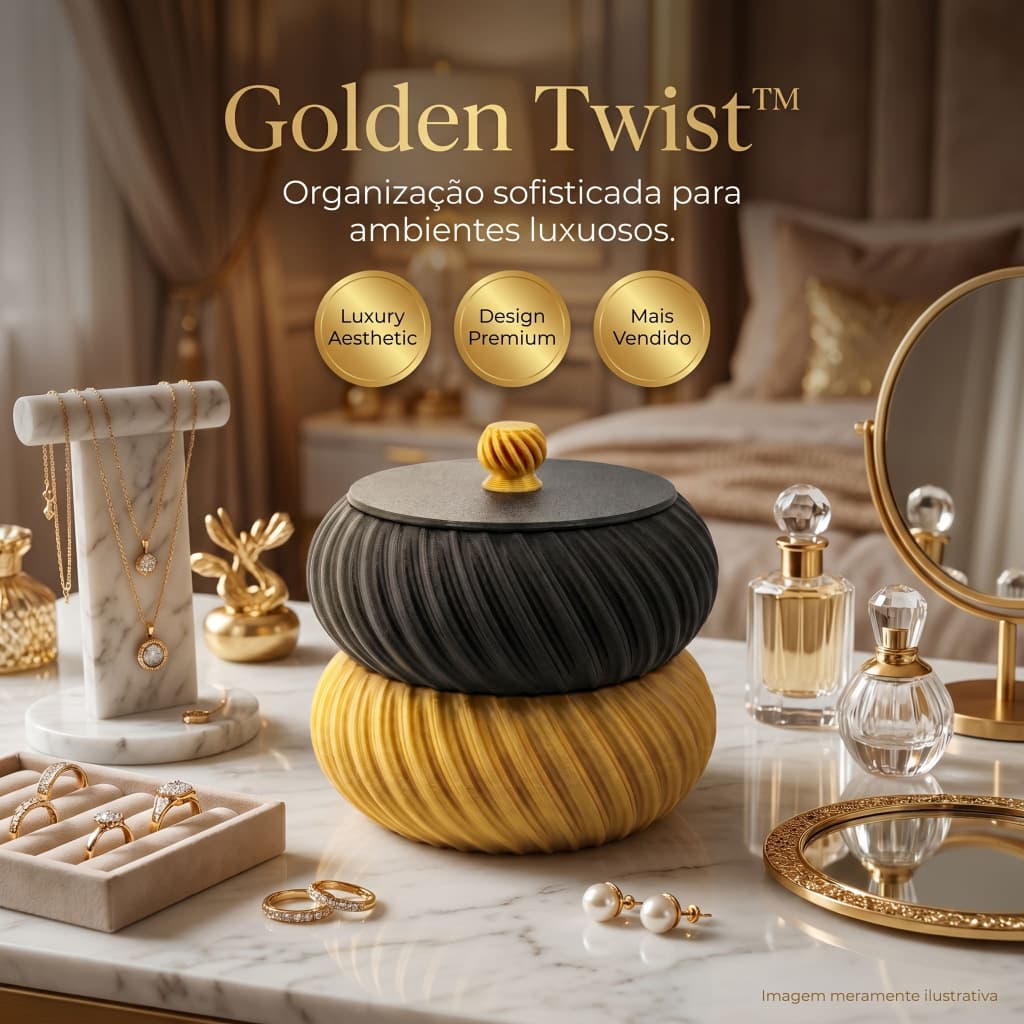 Porta Joias Golden Twist Luxo Decorativo Organizador Premium com Tampa Elegante