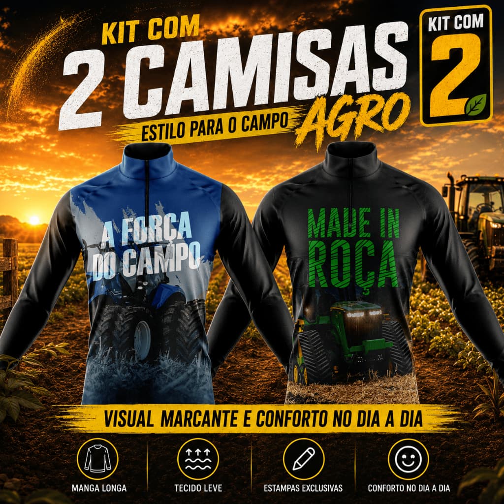 Kit 2 Camisas Camiseta Agro Blusa Térmica Proteção Solar UV Manga Longa Masculina Boi Trator Roça