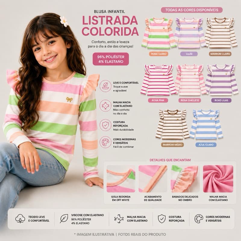 Blusa Infantil Listrada Manga Longa Fru Fru no Ombro Menina Tam 2 ao 10