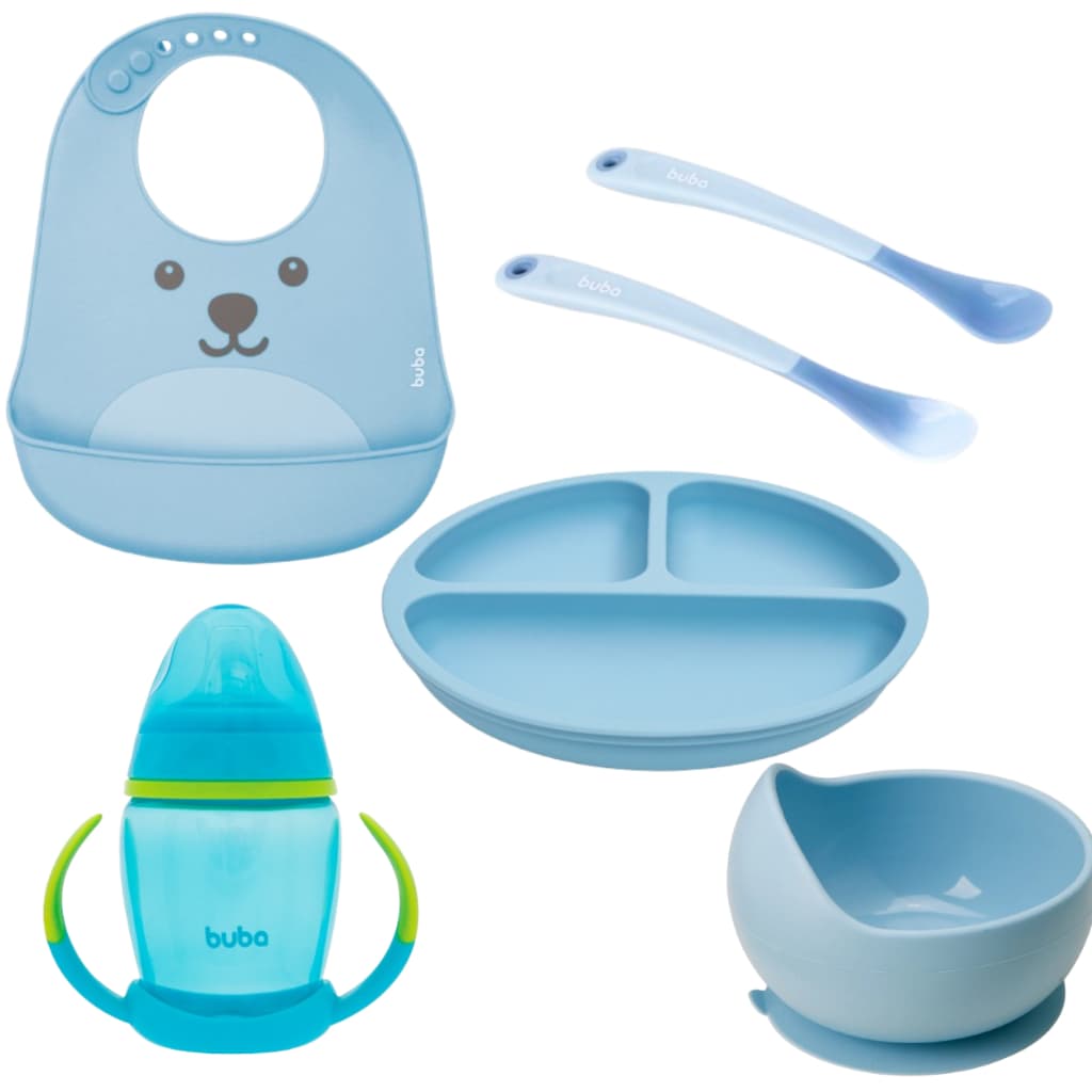 Kit Personalize Introdução Alimentar Buba Silicone Azul – Babador, Prato, Bowl, Copo e Colheres