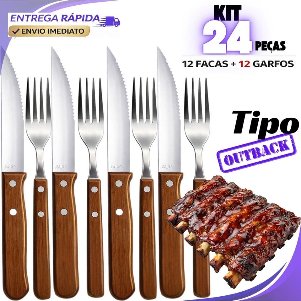 kit 24 ou 12 Talheres Churrasco Jumbo Wooden Faca tipo Outback Garfo cabo de Madeira Aço Inox