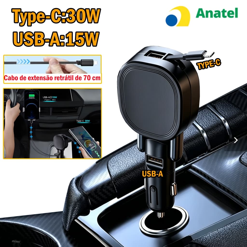 Carregador Veicular 60W Carregador de carro USB-C PD +TYPE-C  2 Portas Carregamento Rápido Carro para iPhone Samsung