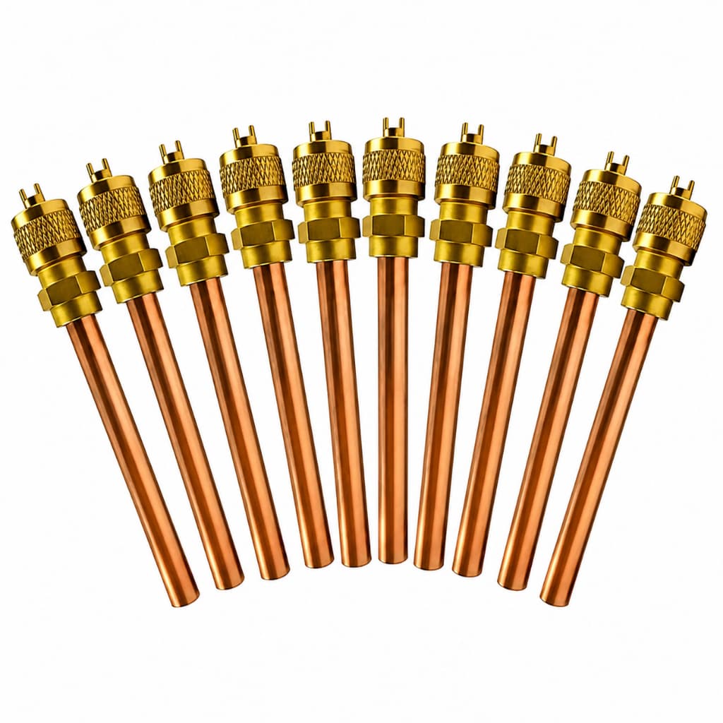 Kit 10 Unidades Válvula de Serviço Schrader 1/4 70mm Reparo Vácuo Injeção Gás Refrigeração Cobre