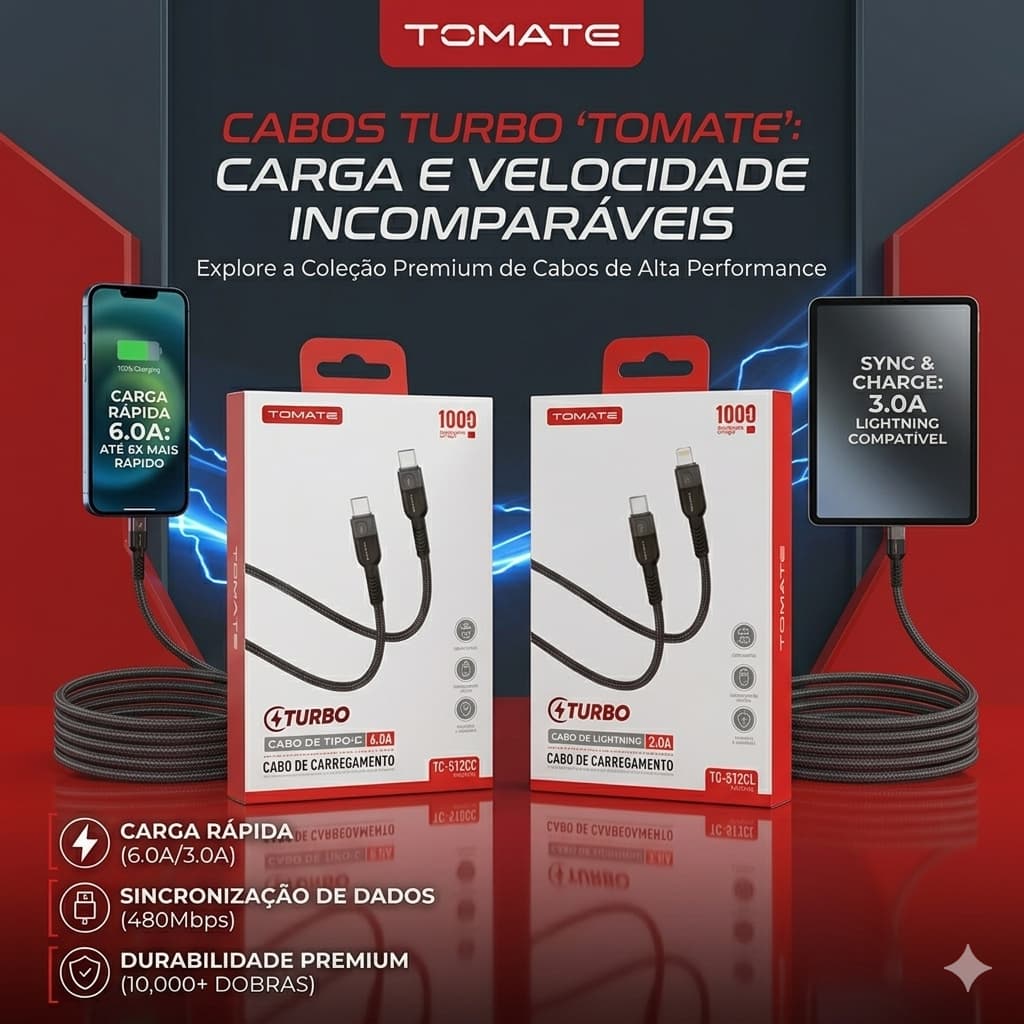 Cabo Tomate Turbo Tipo-C Para iPhone Lightning 27W 3A e Tipo-C Para Tipo-C 60W
