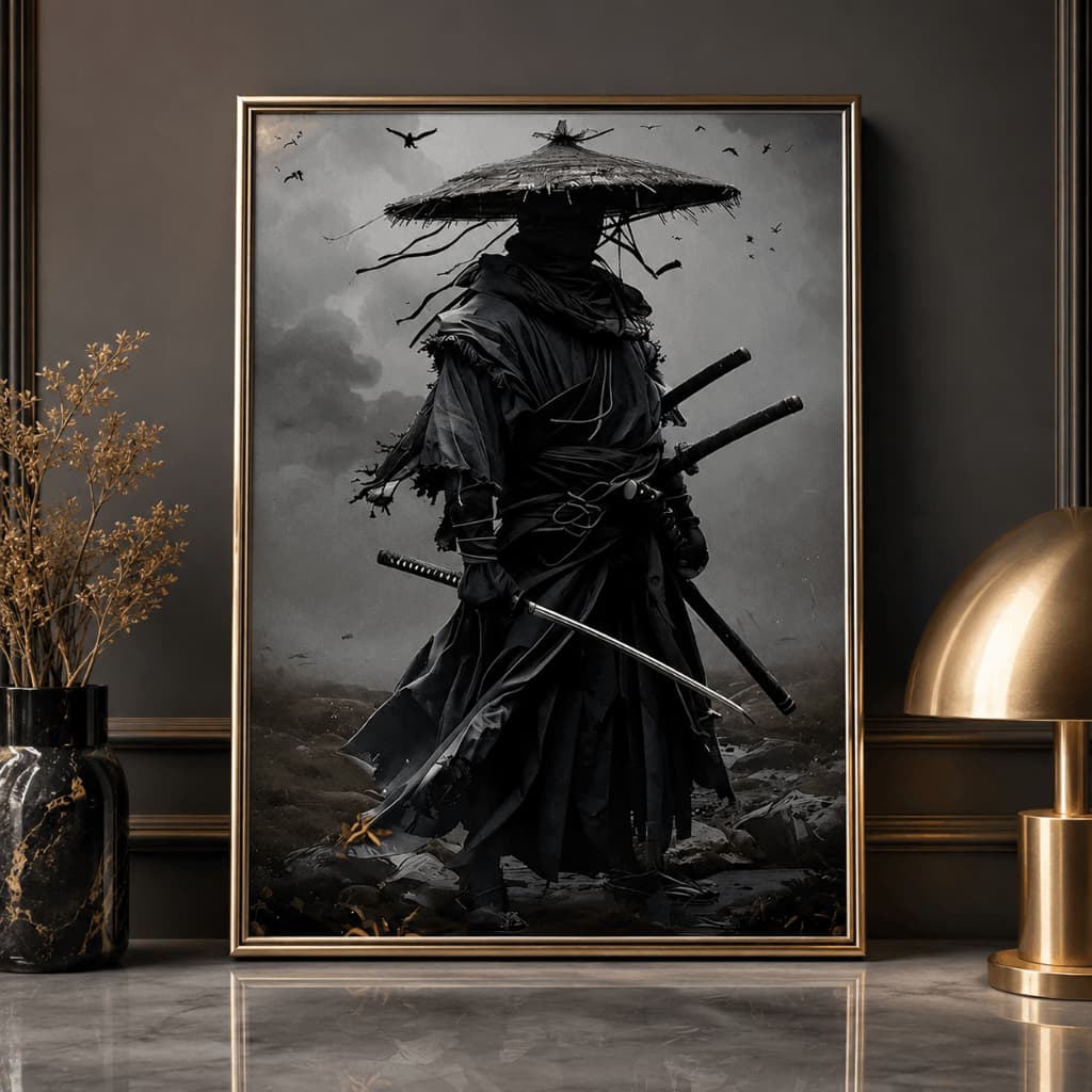 Quadro Decorativo Samurai Preto Oriental Japonês MDF Sala Quarto Escritório