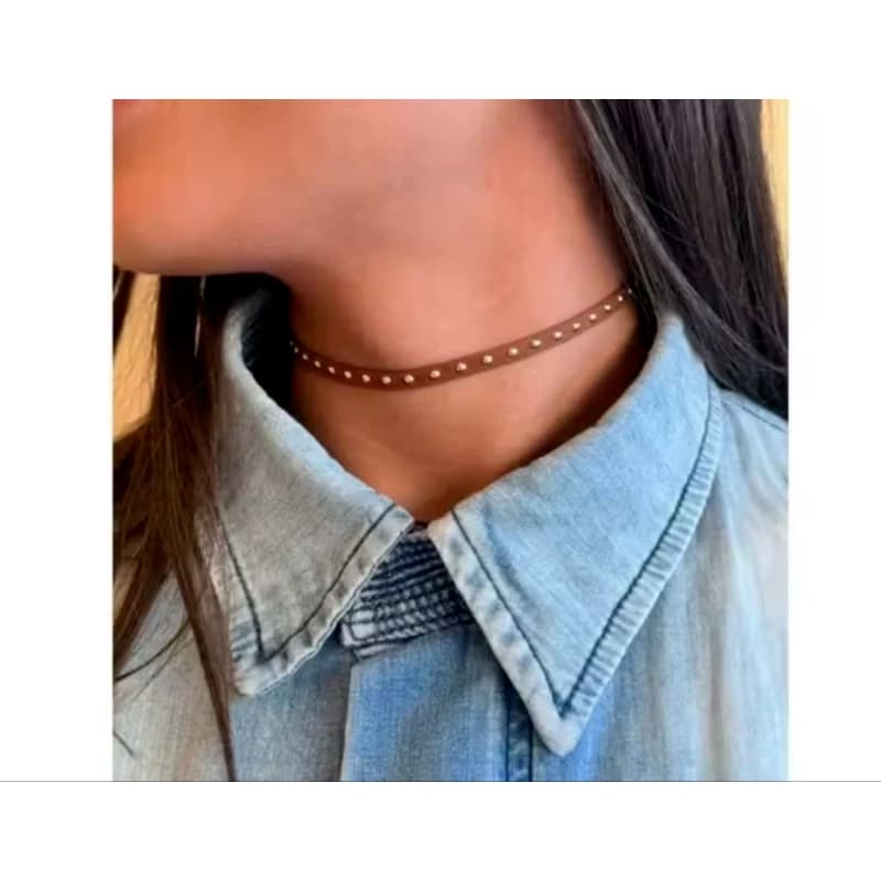 Choker Gargantilha Colar Cordão Courinho Camurça Preto,Nude,Marrom com Tachinhas Vintage Western Country