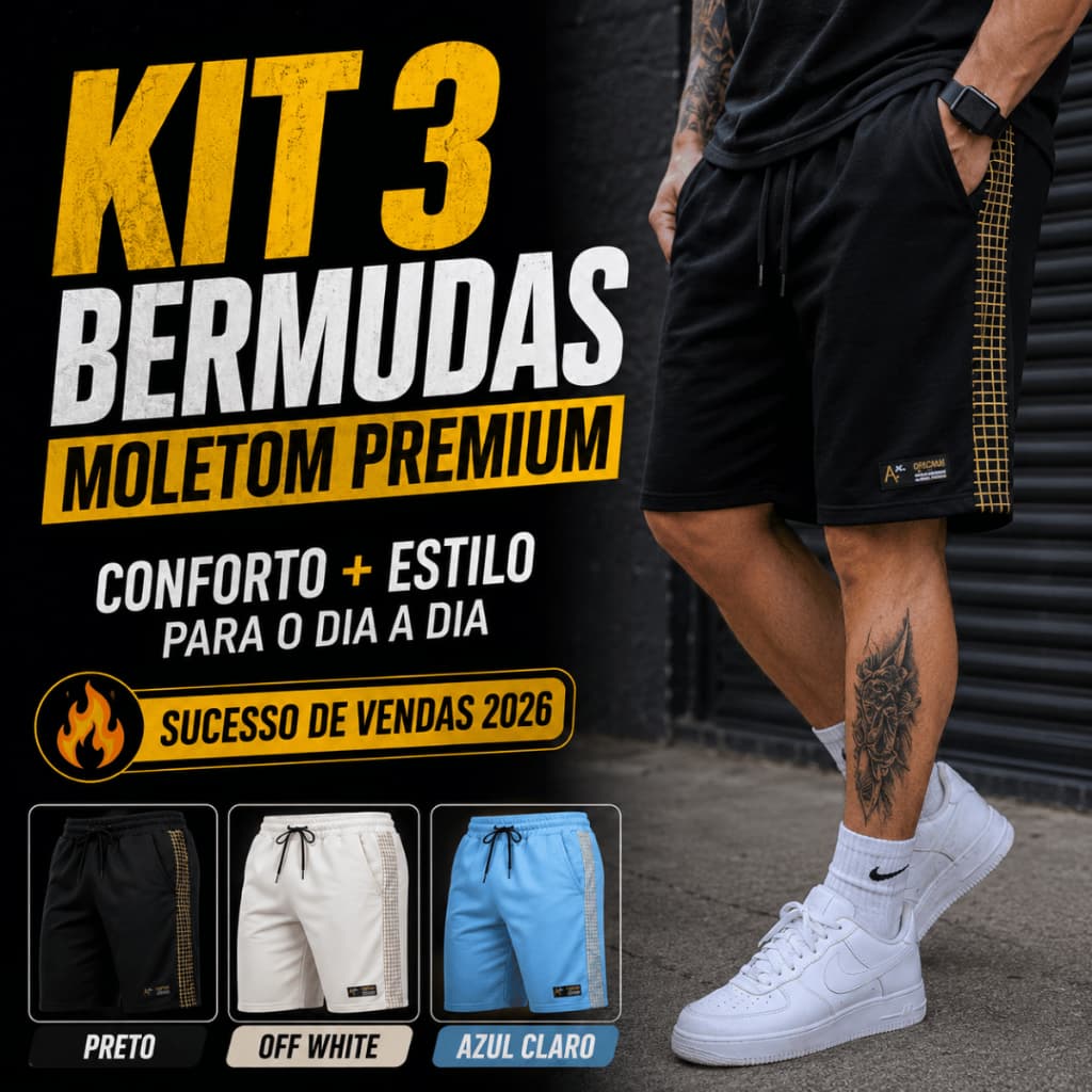 Kit 3 Bermudas Moletom Masculina Premium Faixa Lateral Casual Confortável Dia a Dia