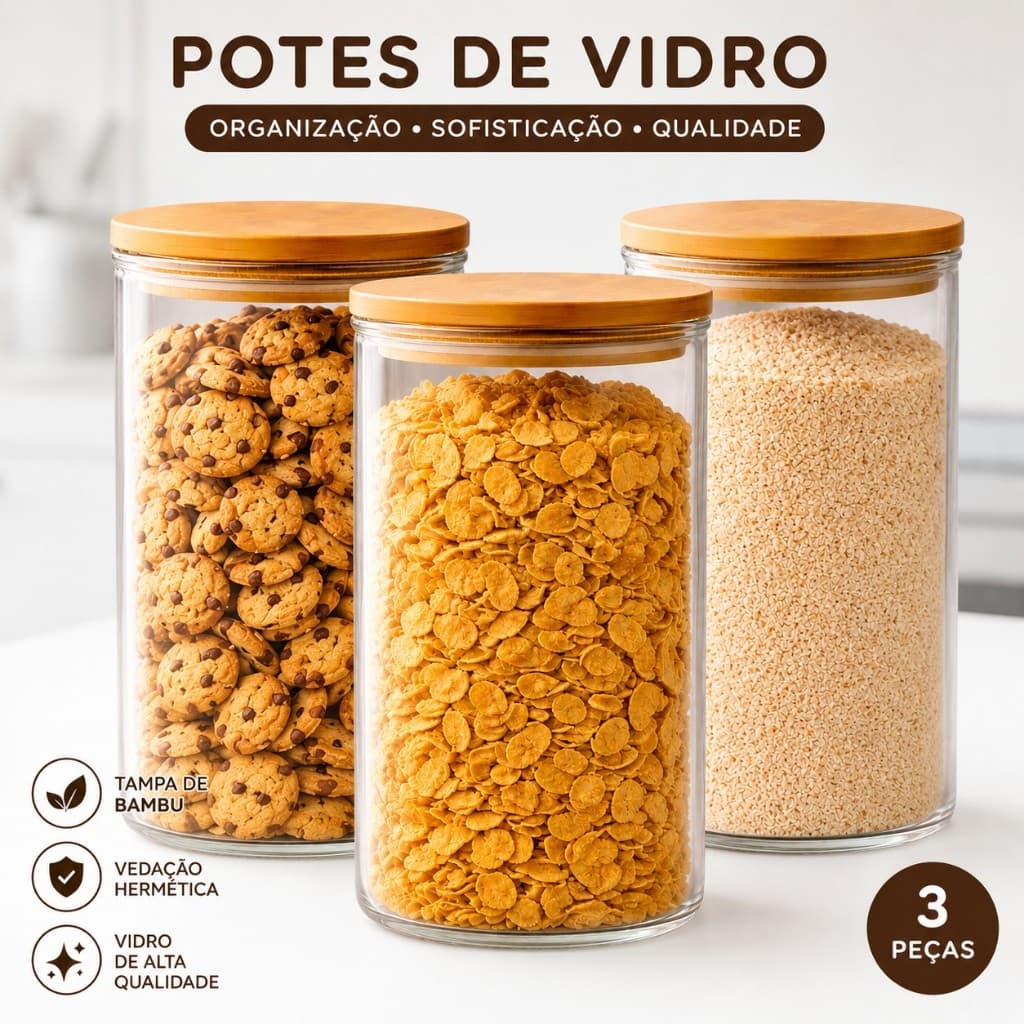 Kit 3 Potes De Vidro Borossilicato Hermético Tampa Bambu Vedação Alimentos Cereais