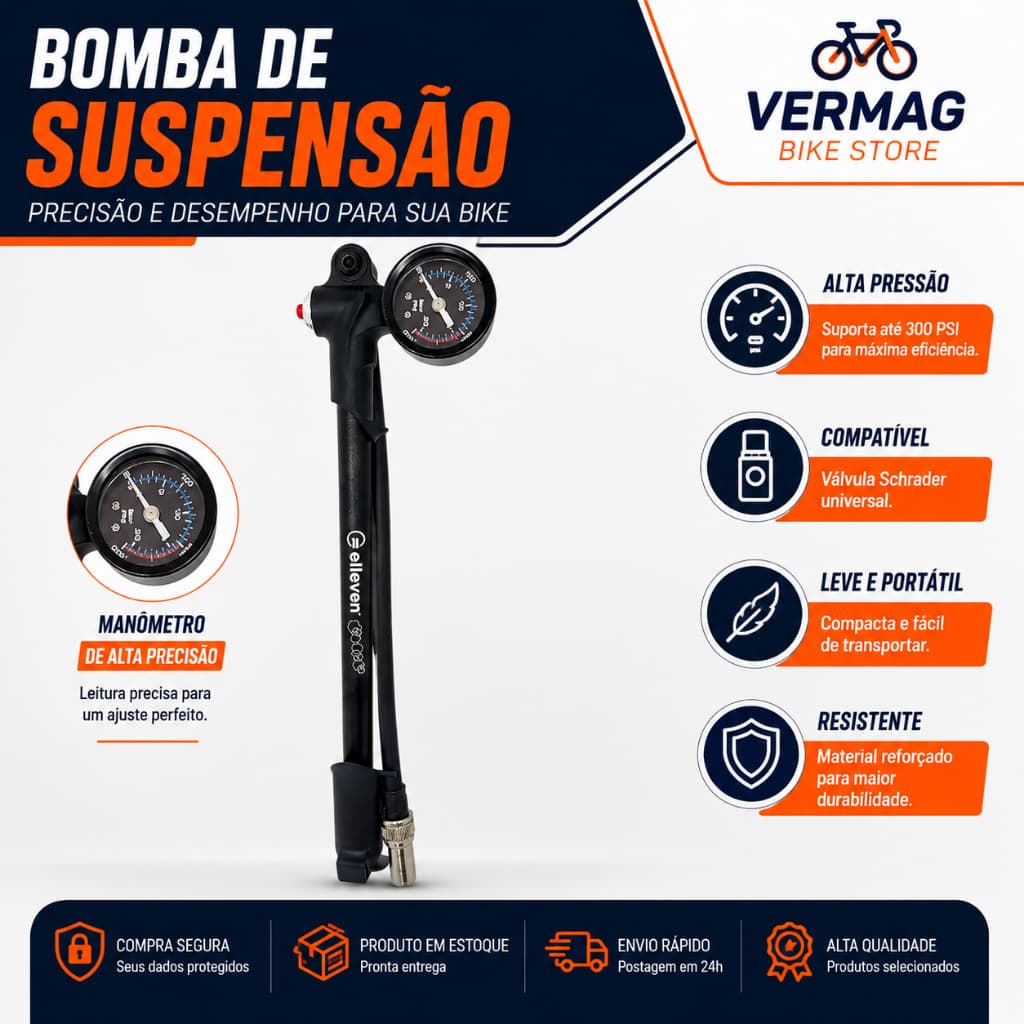 Bomba Calibrador Suspensão Câmara Ar Elleven Dianteiro Traseiro Manômetro 300psi Preto
