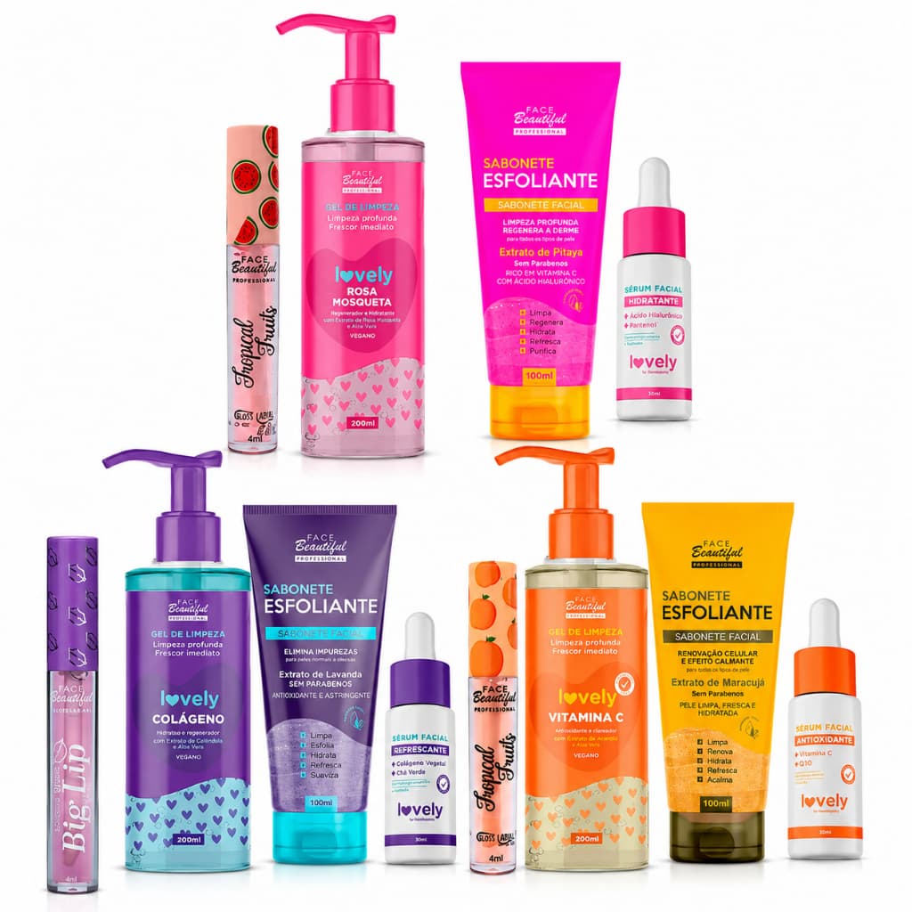 Kit Skincare Completo Gel Esfoliante Sérum e Gloss Lovely Glow Up Face Beautiful