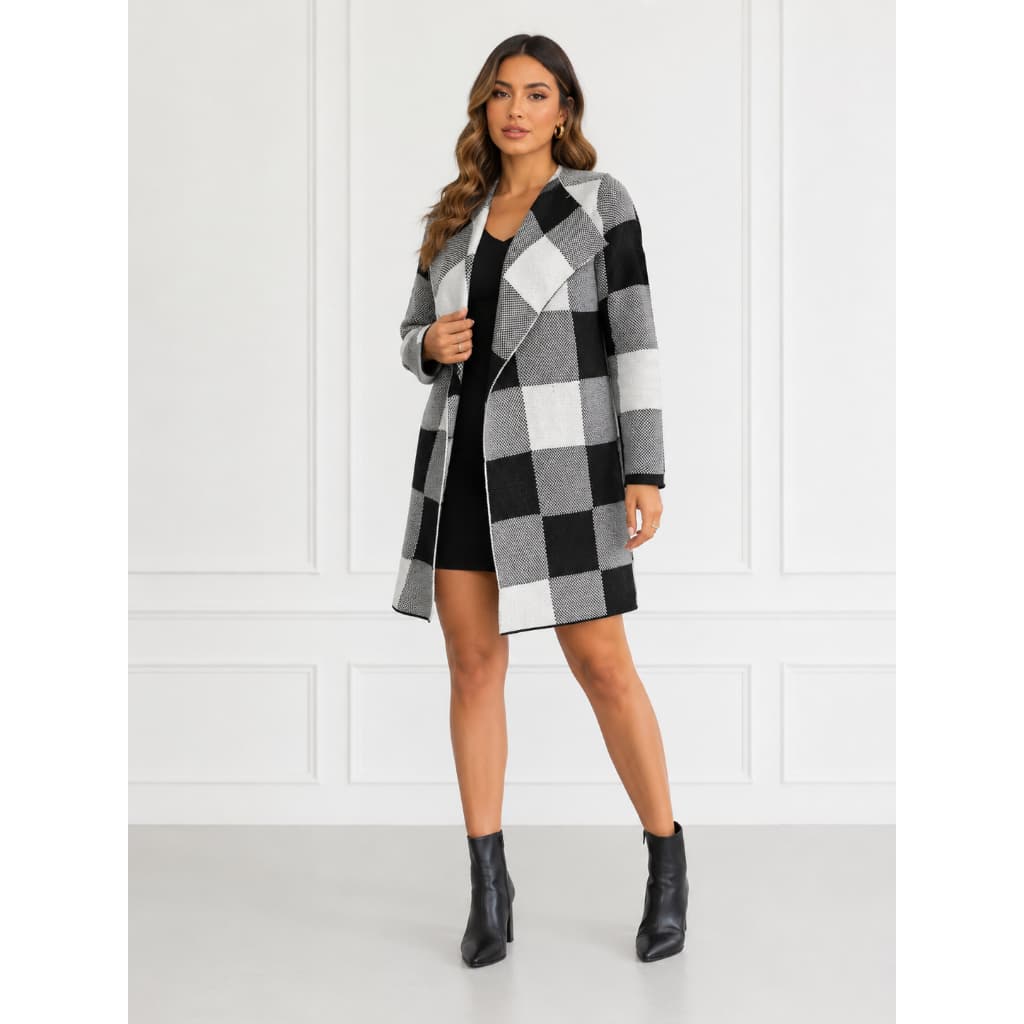 Cardigan Feminino Xadrez Alongado Tricot Premium Inverno Elegante