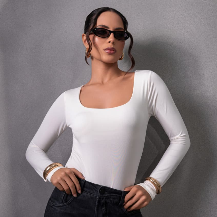 Body Feminino Manga Longa Decote Quadrado Básico Elegante Moda Feminina Premium