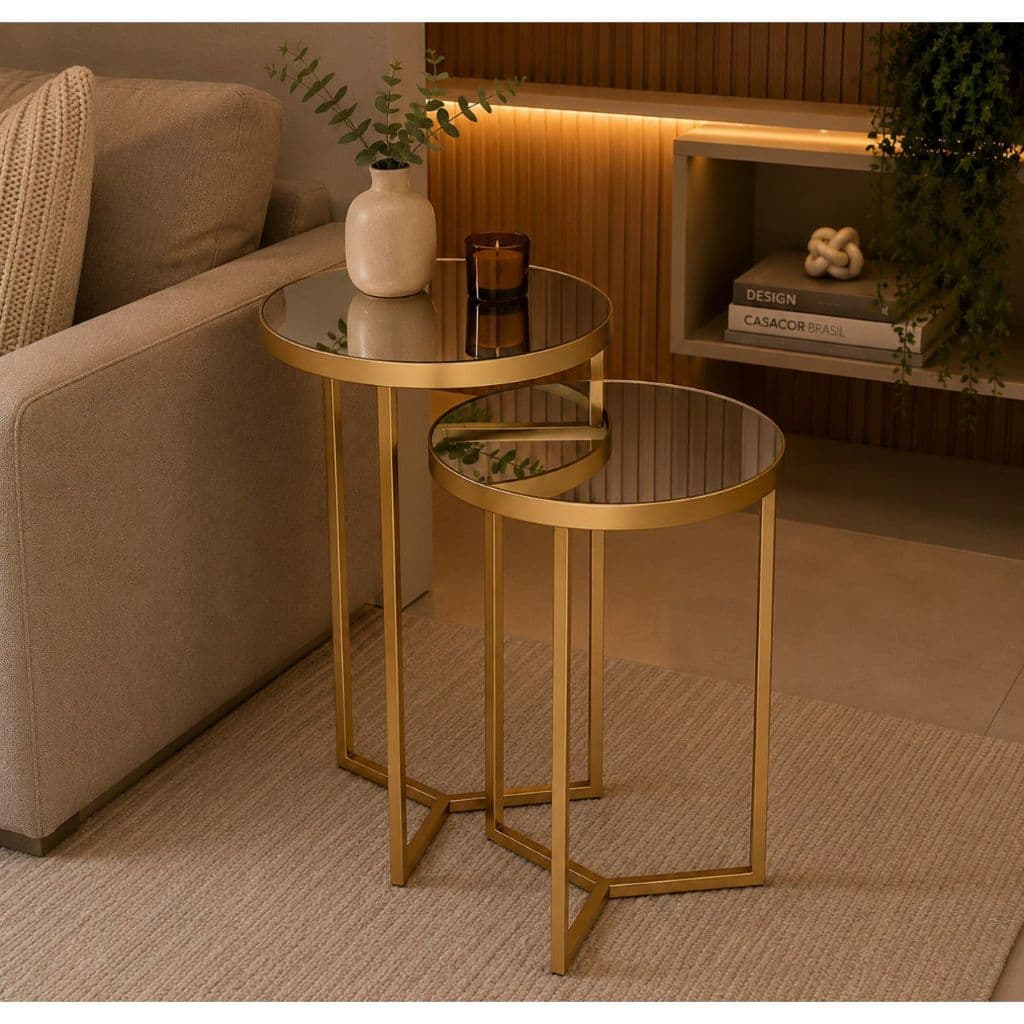 Conjunto 2 Mesas de Canto Laterais Luxo Espelhada Estilo Industrial