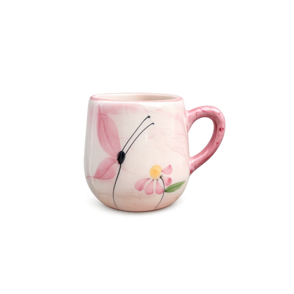 Caneca Xícara Café Chá Leite Cappuccino Bojuda 100ml Cerâmica Decorada Pintada a Mão Coração Borboleta Demais Decoração