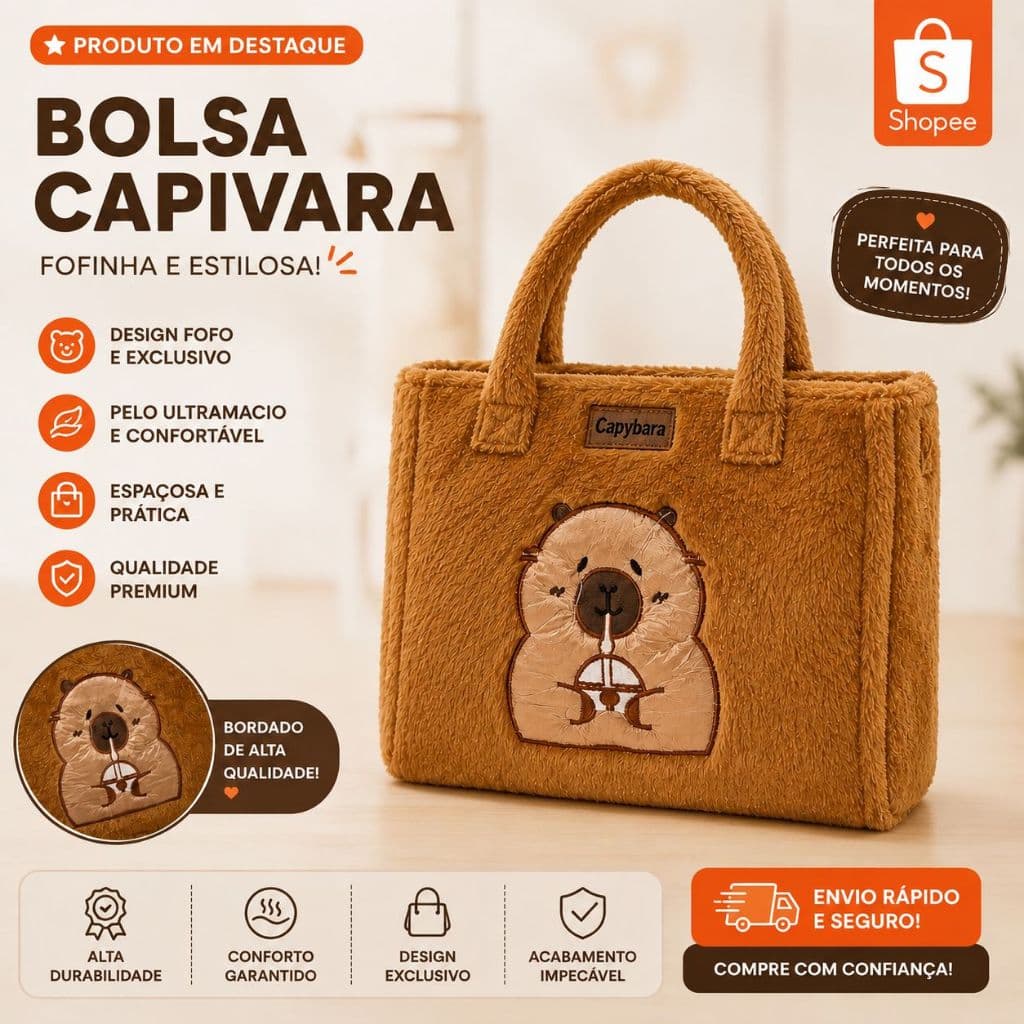 Bolsa de Ombro Capivara Pelúcia Fofa  Modelo 31229 - Espaço Ampliado, Conforto e Design Moderno