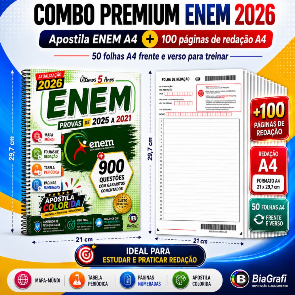 Kit Apostila ENEM 2026 Color Últimos 5 anos + Gabarito Oficial + 100 Páginas Redação + Tabela + Mapa