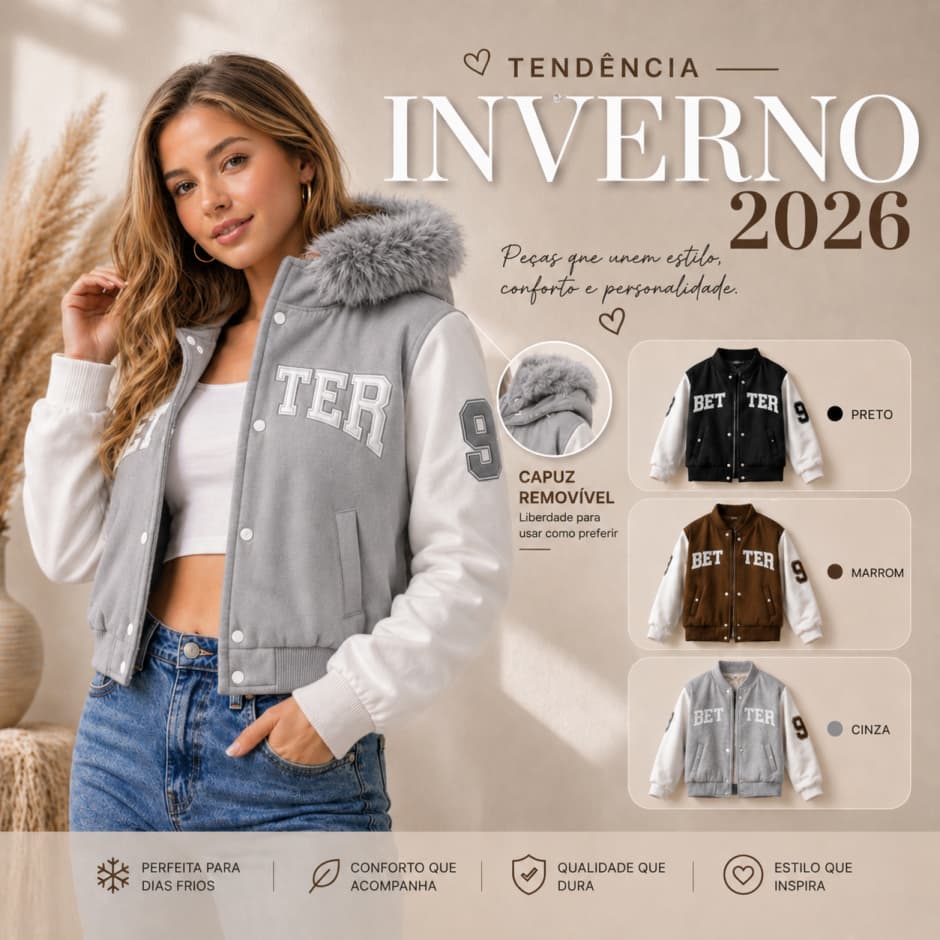 Jaqueta Better Colegial Lã Batida Forrada Cropped Feminina Blogueira Bomber College